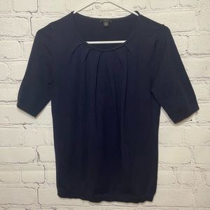Ann Taylor Dark Blue Short Sleeve Pleated Neck Top